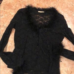Elegant Black Lace Top with Feather Trim